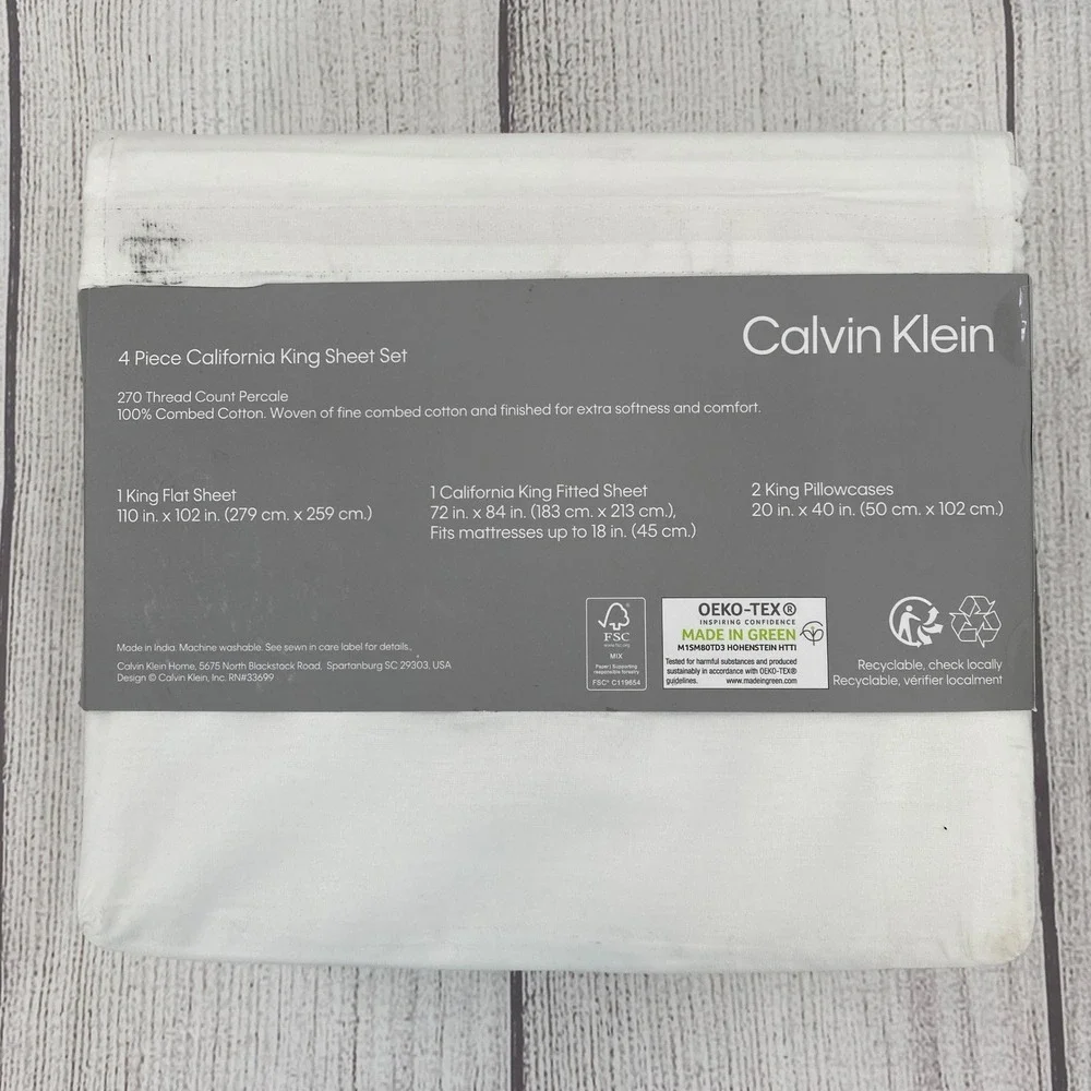 Calvin Klein Sheet Set California King White 270TC Percale 100% Combed Cotton